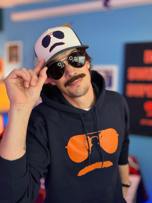 Swerski Stache and Shades Logo Trucker Cap - White/Blue with Navy & Orange Logo