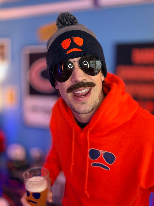 Swerski Stache and Shades Logo Pom-Pom Beanie - Grey/Navy Combo with Orange Logo