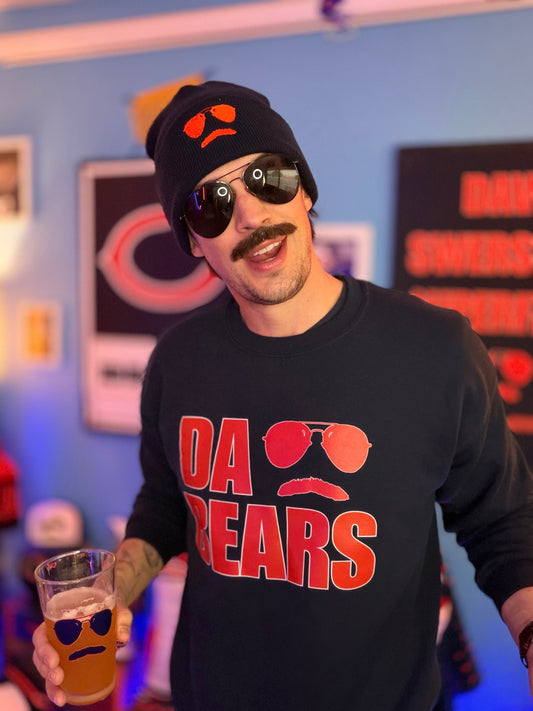 DA BEARS Swerski Stache and Shades Logo Unisex Sweatshirt - Navy with Orange & White Logo