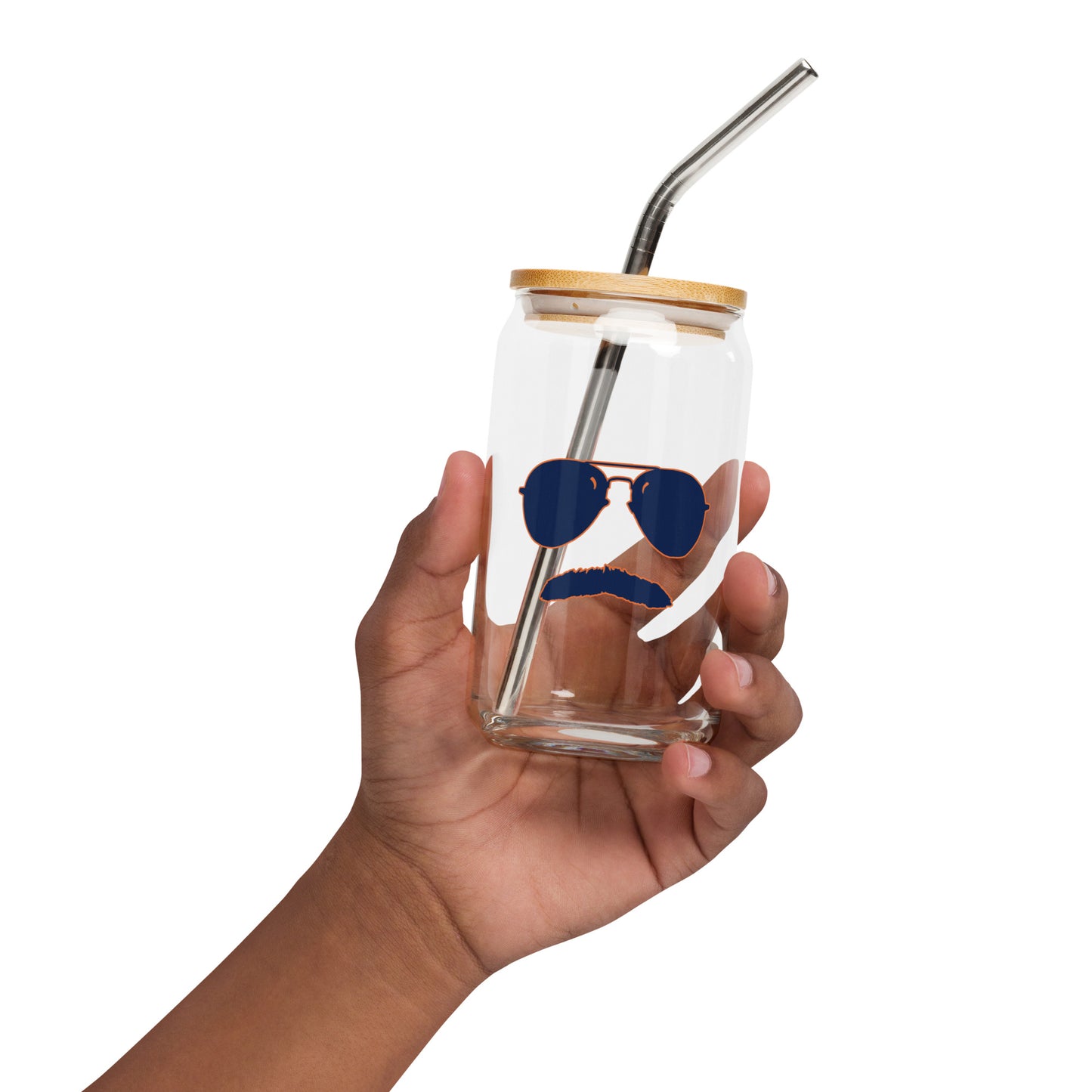 Swerski Stache and Shades Logo Can-shaped glass - Navy with Orange Outline Logo
