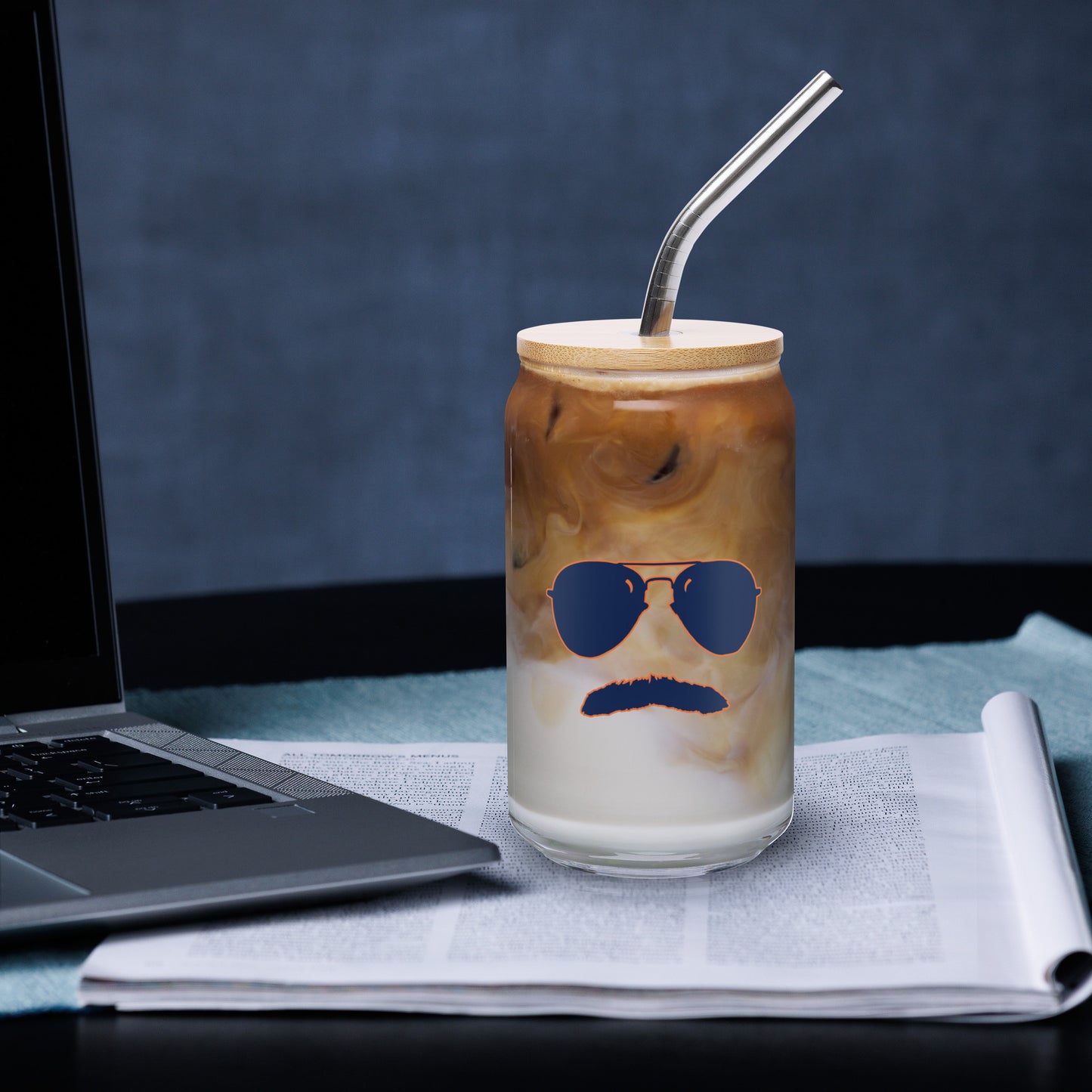 Swerski Stache and Shades Logo Can-shaped glass - Navy with Orange Outline Logo