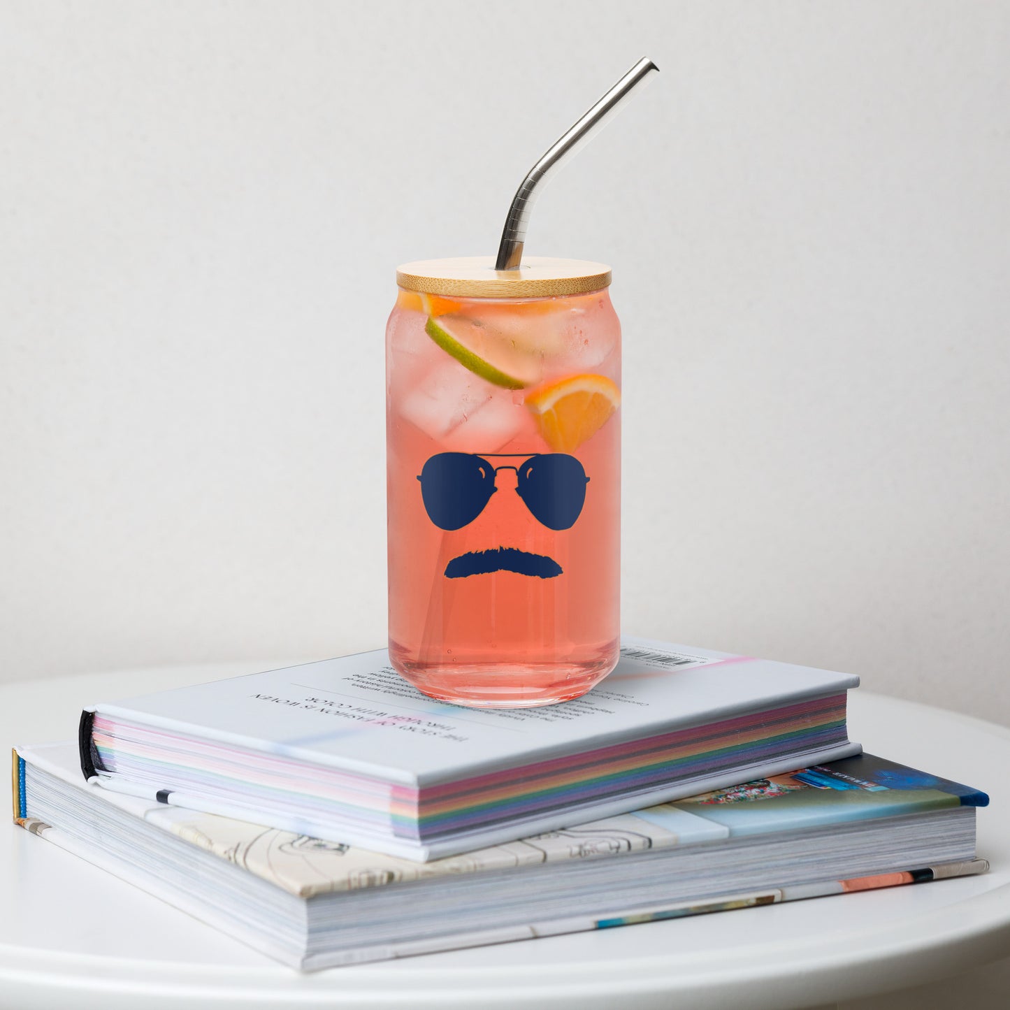 Swerski Stache and Shades Logo Can-shaped glass - Navy with Orange Outline Logo