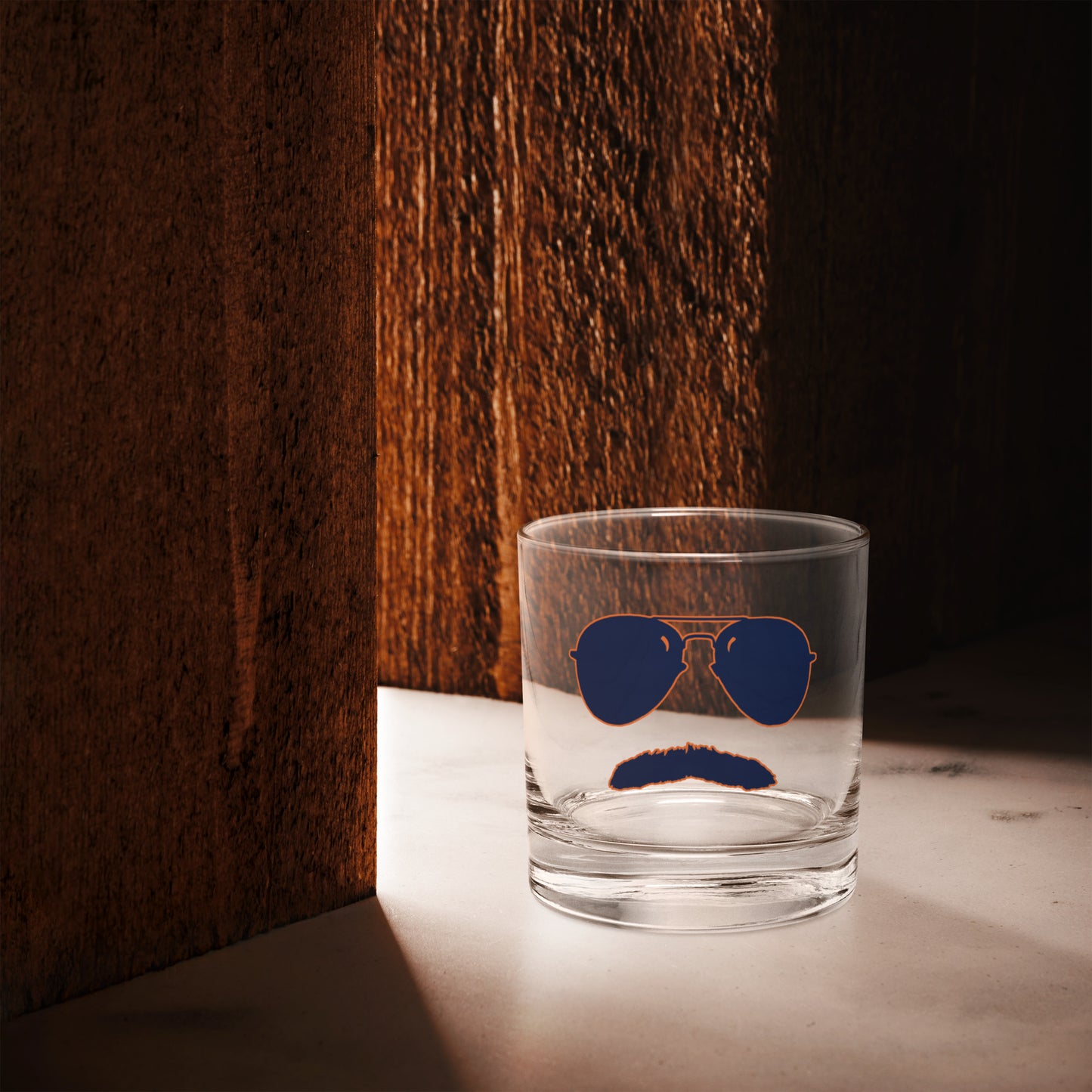 Swerski Stache and Shades Rocks glass - Navy with Orange Outline Logo