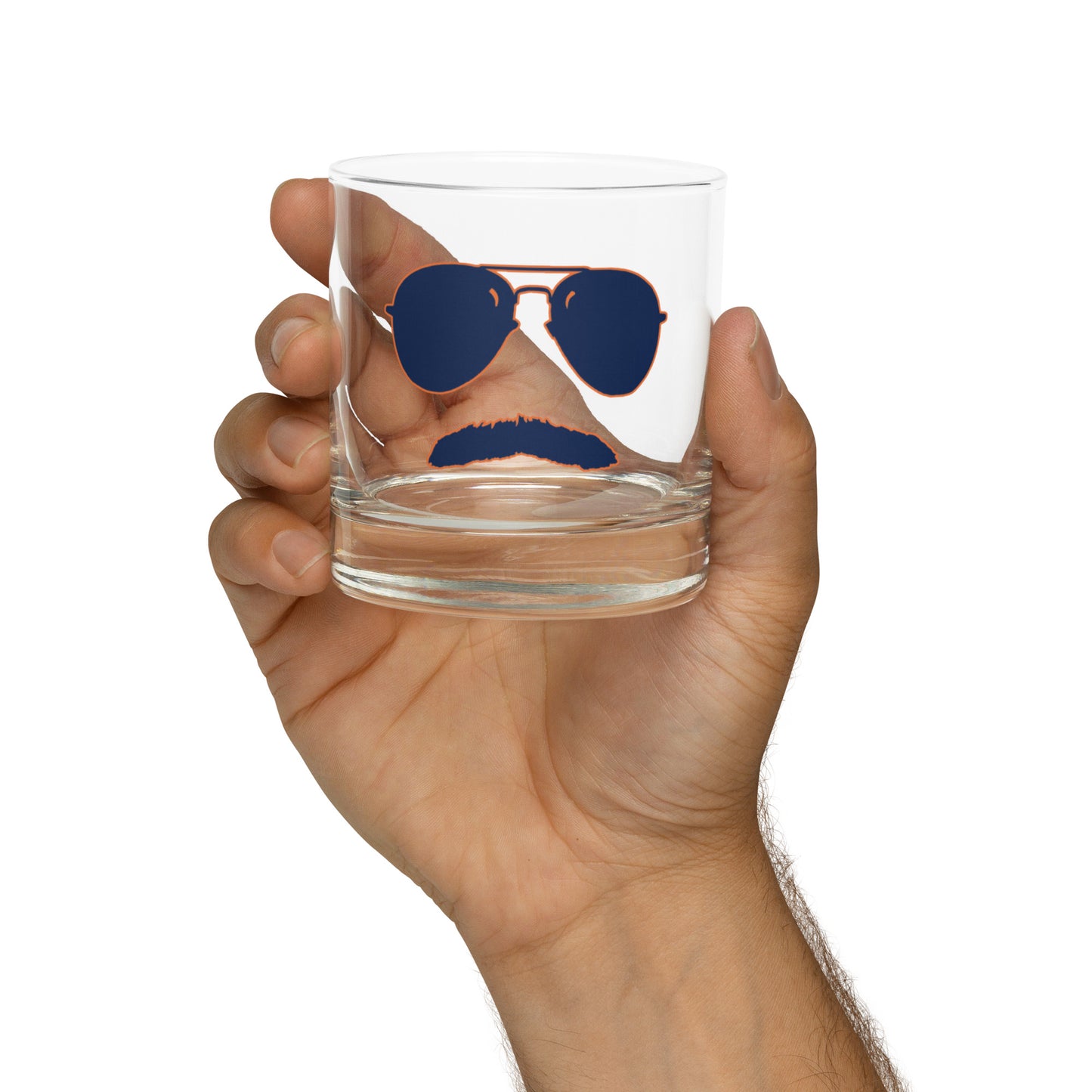 Swerski Stache and Shades Rocks glass - Navy with Orange Outline Logo