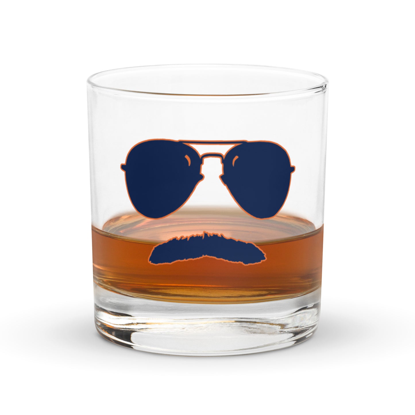 Swerski Stache and Shades Rocks glass - Navy with Orange Outline Logo