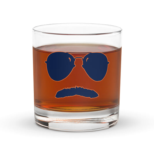 Swerski Stache and Shades Rocks glass - Navy with Orange Outline Logo