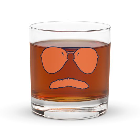 Swerski Stache and Shades Rocks glass - Orange with Navy Outline Logo