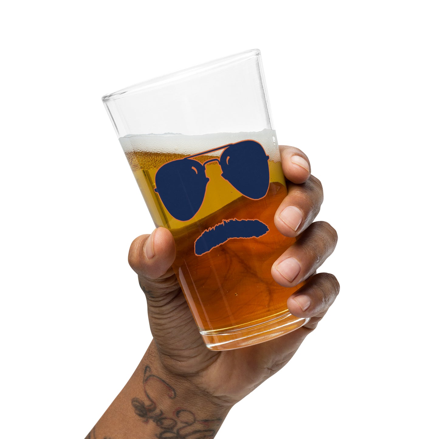 Swerski Stache and Shades Logo Shaker pint glass - Navy with Orange Outline Logo