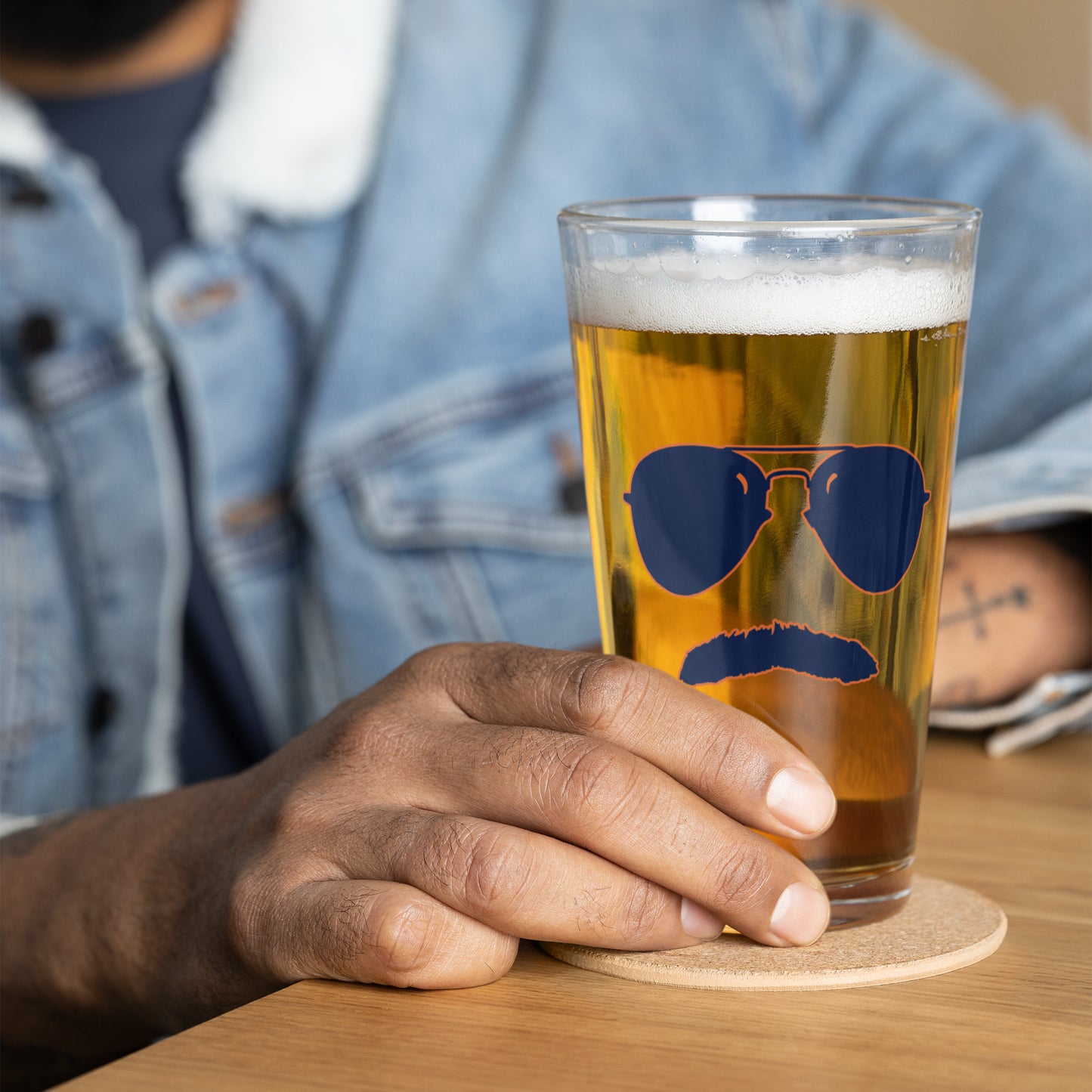 Swerski Stache and Shades Logo Shaker pint glass - Navy with Orange Outline Logo
