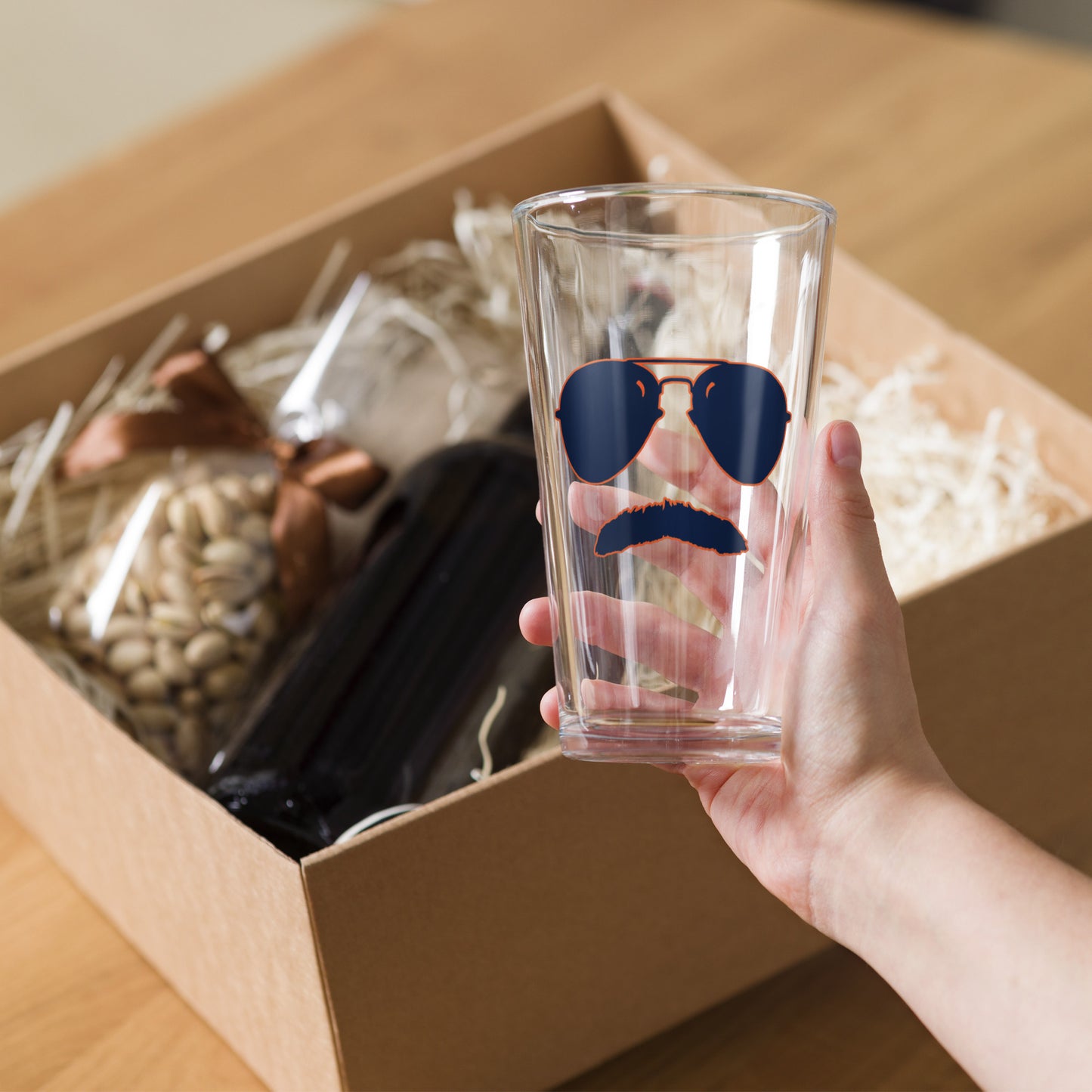Swerski Stache and Shades Logo Shaker pint glass - Navy with Orange Outline Logo