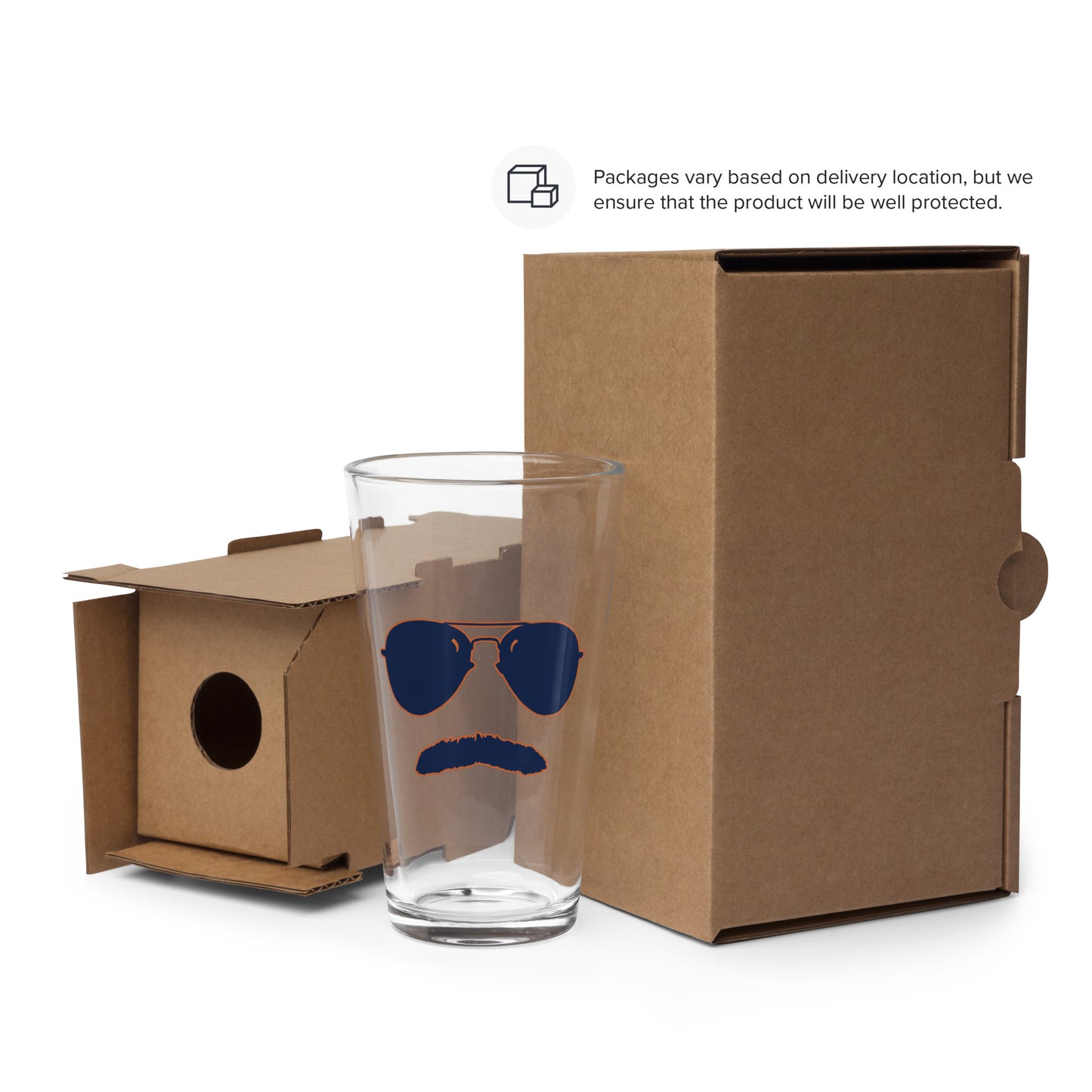 Swerski Stache and Shades Logo Shaker pint glass - Navy with Orange Outline Logo