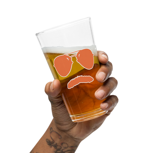 Swerski Stache and Shades Logo Shaker pint glass - Orange with White Outline Logo