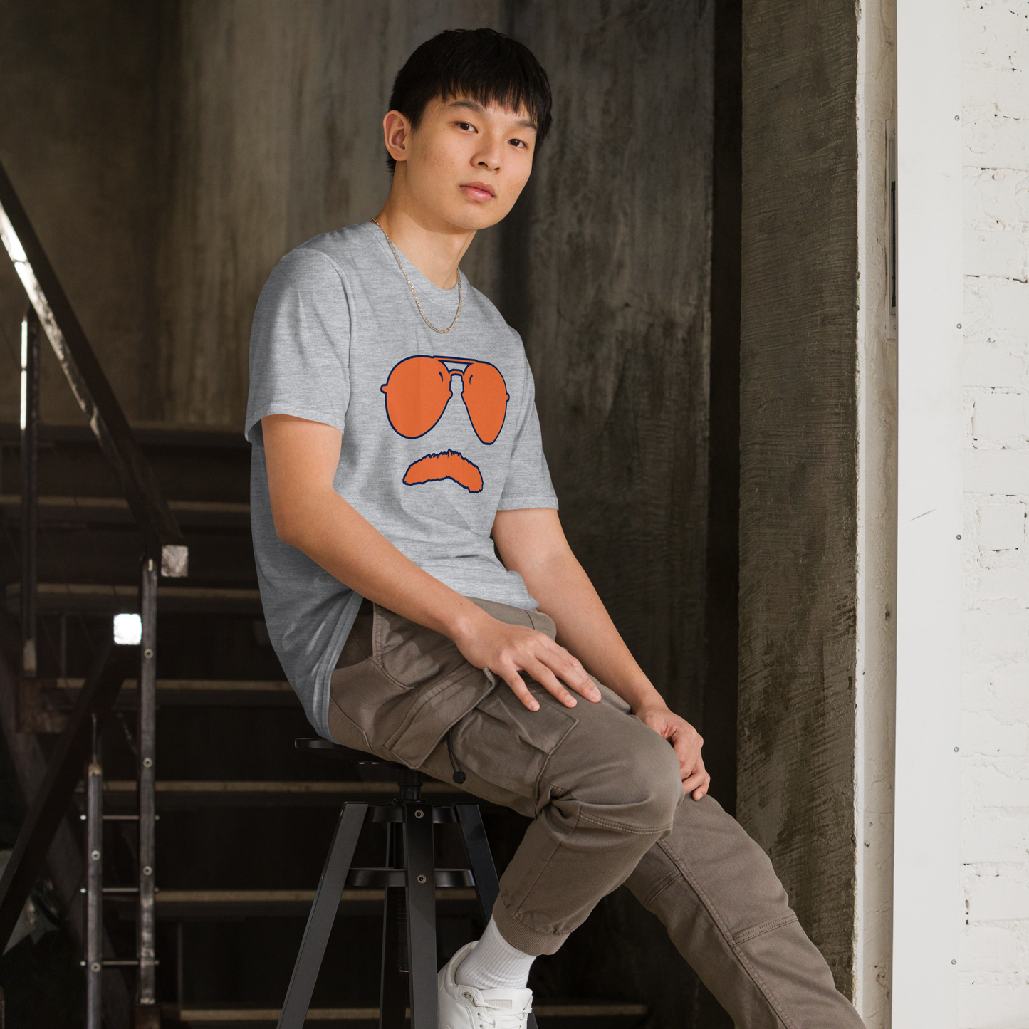 Swerski Stache and Shades Logo T-Shirt - New Grey with Orange/Navy Logo