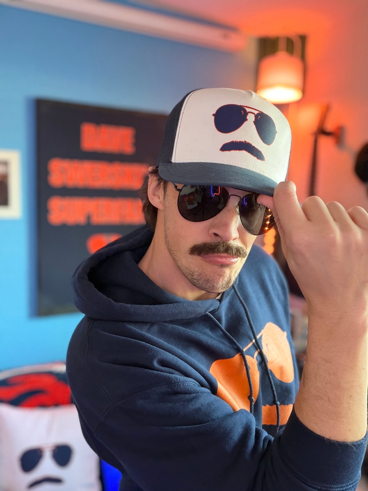 Swerski Stache and Shades Logo Trucker Cap - White/Blue with Navy & Orange Logo