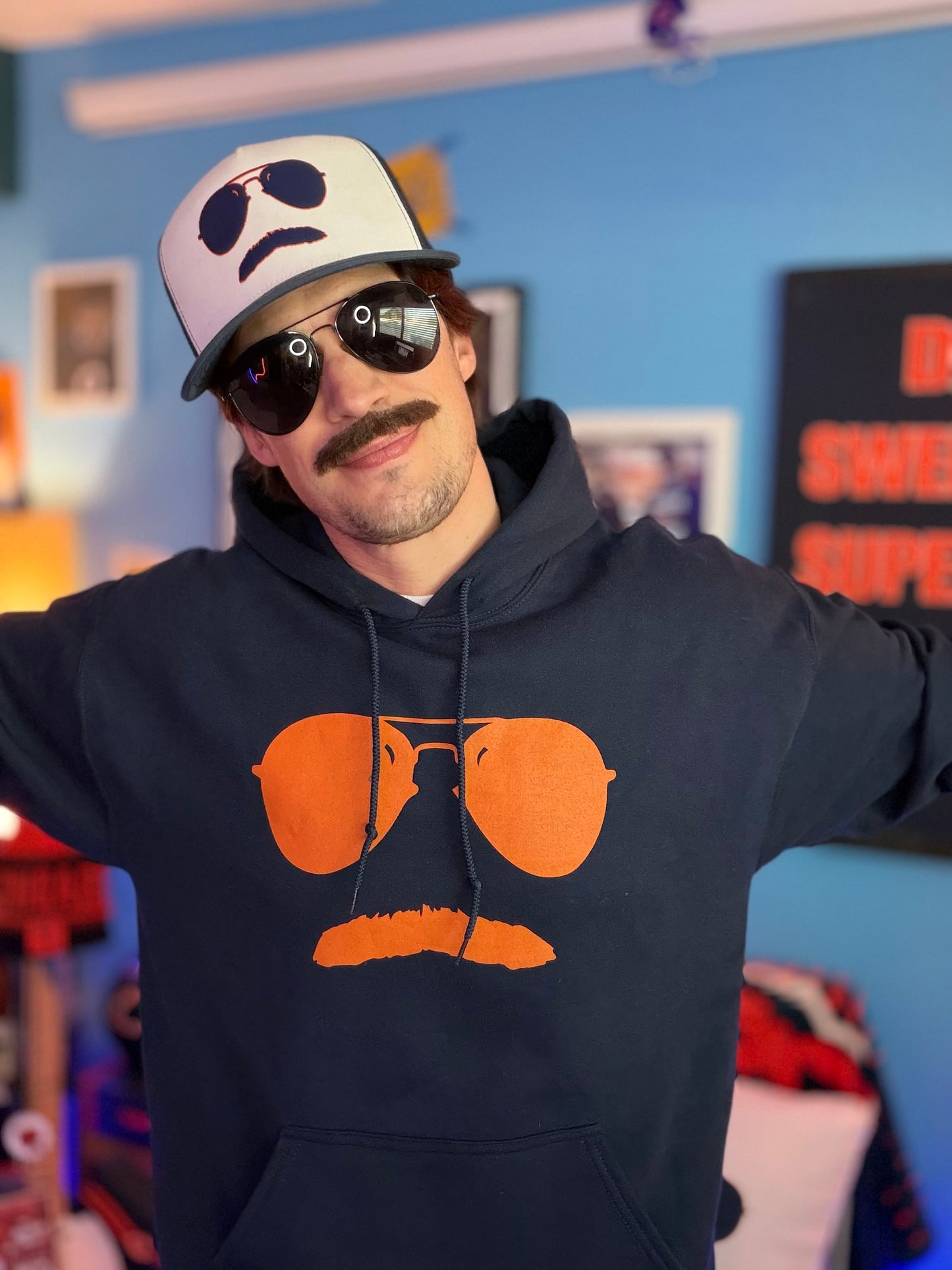 Swerski Stache and Shades Logo Trucker Cap - White/Blue with Navy & Orange Logo