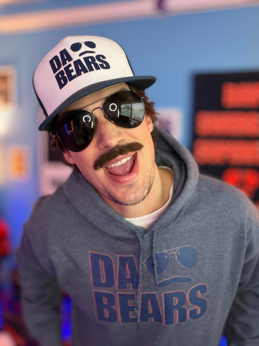 DA BEARS Swerski Stache and Shades Logo Trucker Cap - White/Blue with Navy & Orange Logo