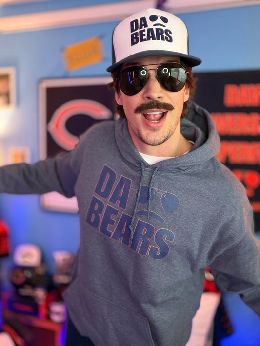 DA BEARS Swerski Stache and Shades Logo Unisex Hoodie - with Navy & Orange Logo