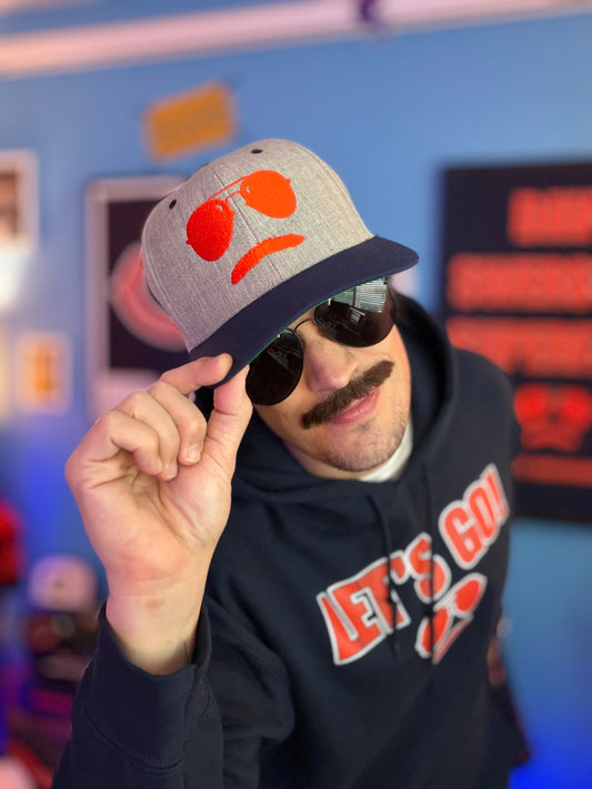 Swerski Stache and Shades Logo Snapback Hat - Heather Grey & Navy with Orange Logo