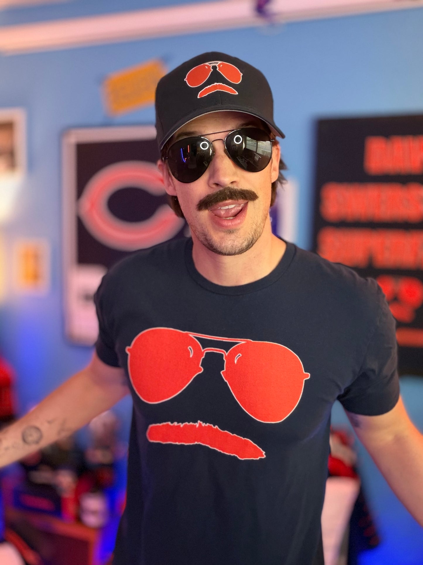 Swerski Stache and Shades Logo Structured Twill Cap - Navy with Orange & White Logo