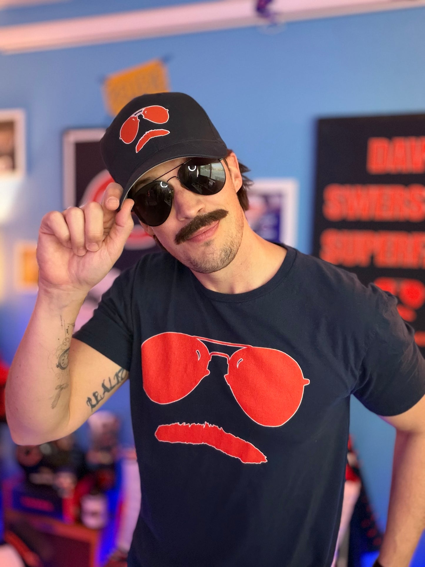 Swerski Stache and Shades Logo Structured Twill Cap - Navy with Orange & White Logo