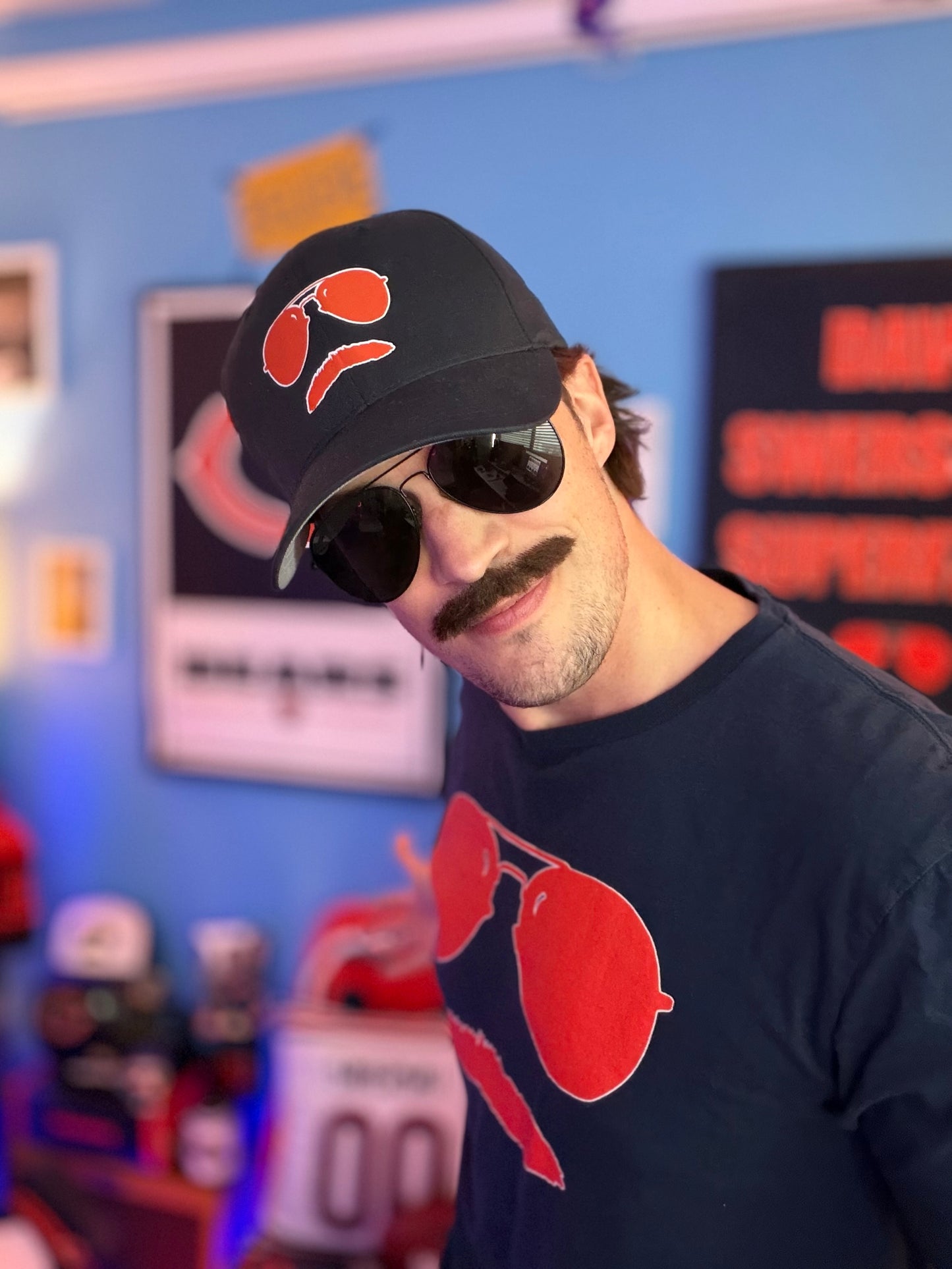 Swerski Stache and Shades Logo Structured Twill Cap - Navy with Orange & White Logo