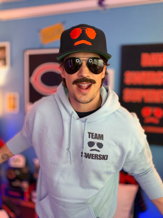 Swerski Stache and Shades Logo Snapback Hat - Navy with Orange Logo