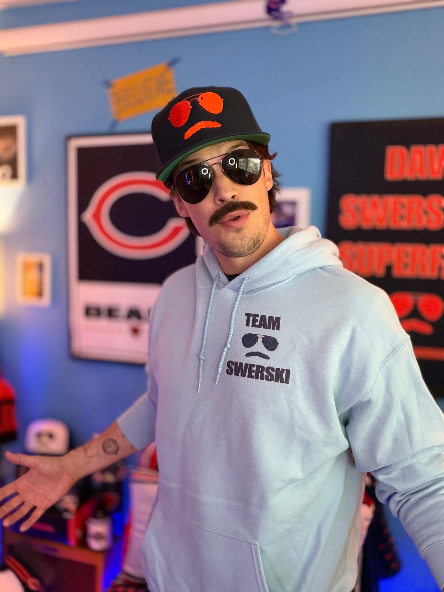 Team Swerski Small Logo Hoodie - Light Blue with Navy and Orange Logo