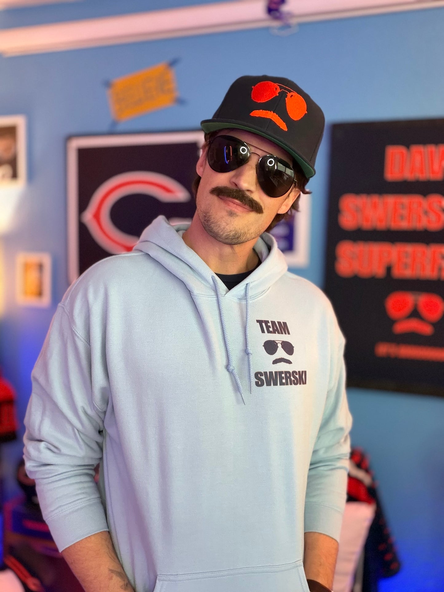 Team Swerski Small Logo Hoodie - Light Blue with Navy and Orange Logo