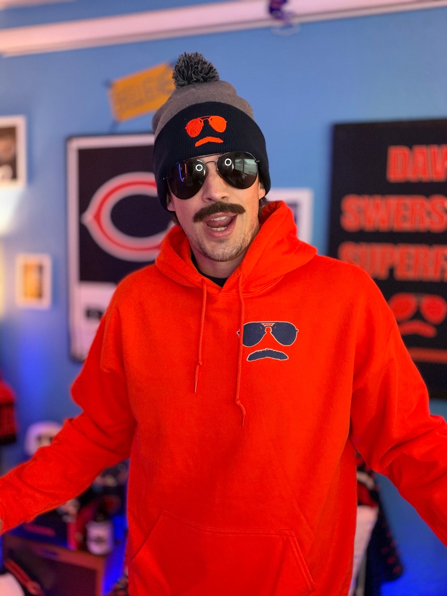 Swerski Stache and Shades Logo Pom-Pom Beanie - Grey/Navy Combo with Orange Logo