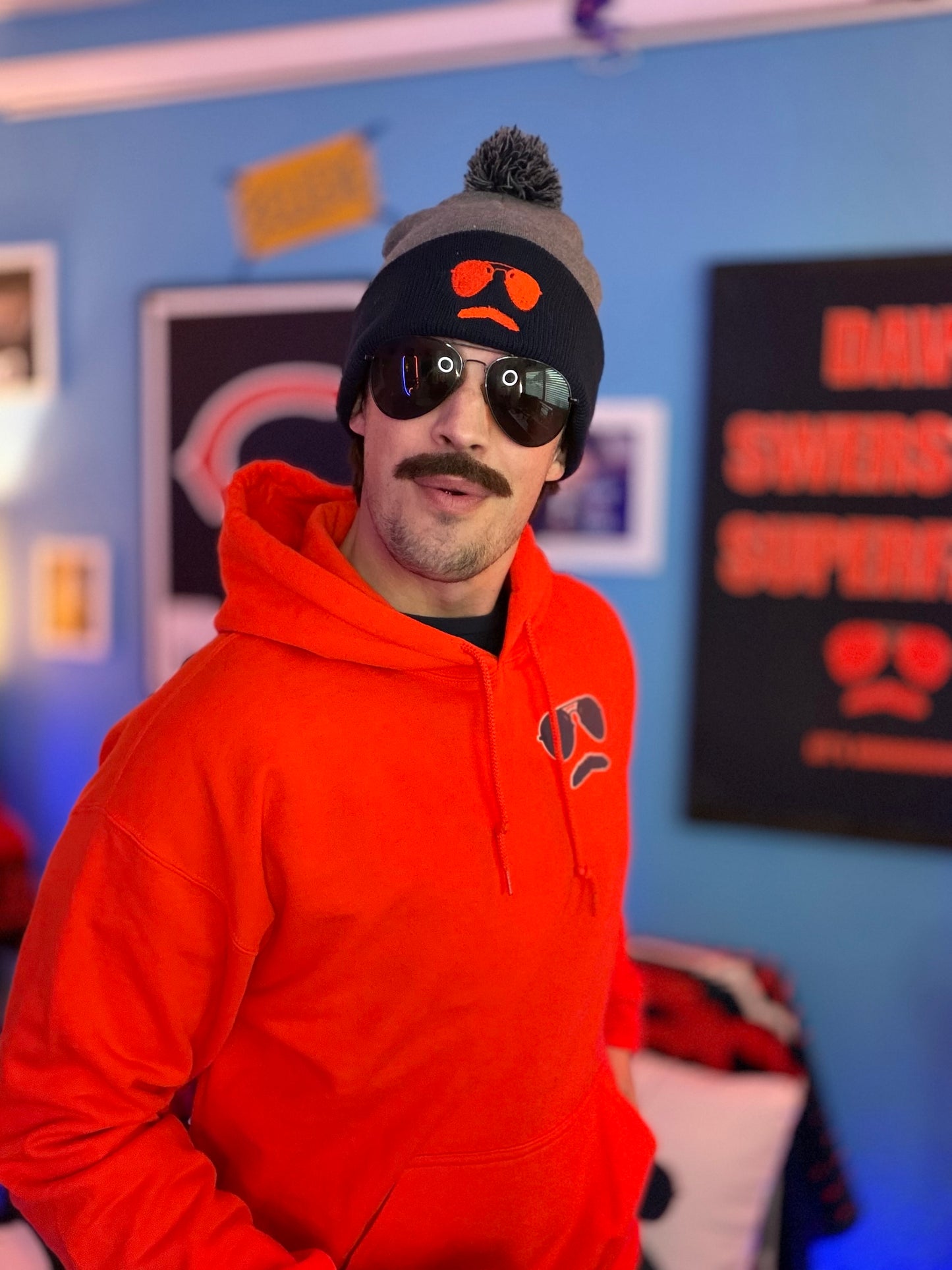 Swerski Stache and Shades Logo Pom-Pom Beanie - Grey/Navy Combo with Orange Logo
