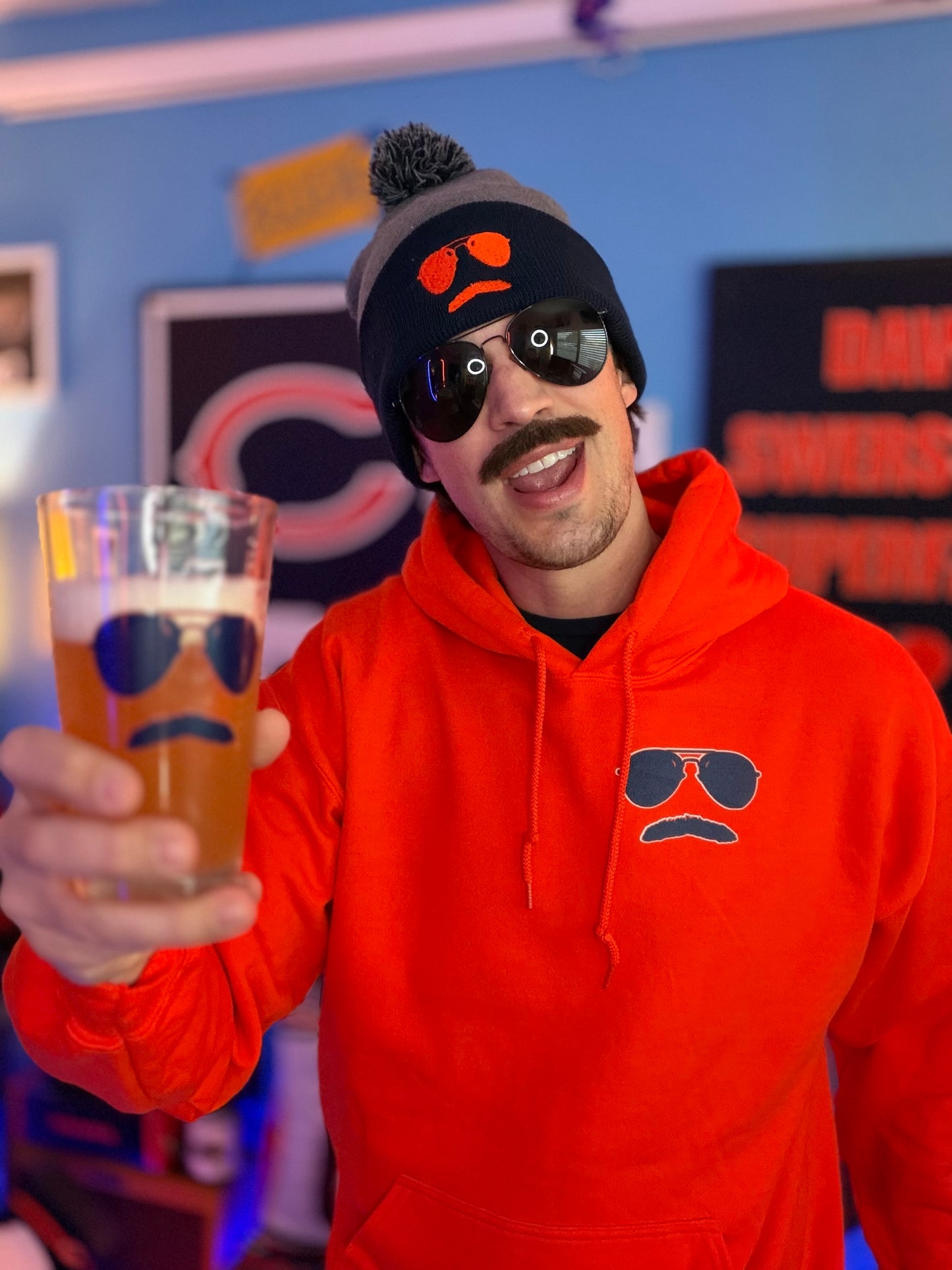 Swerski Stache and Shades Logo Pom-Pom Beanie - Grey/Navy Combo with Orange Logo