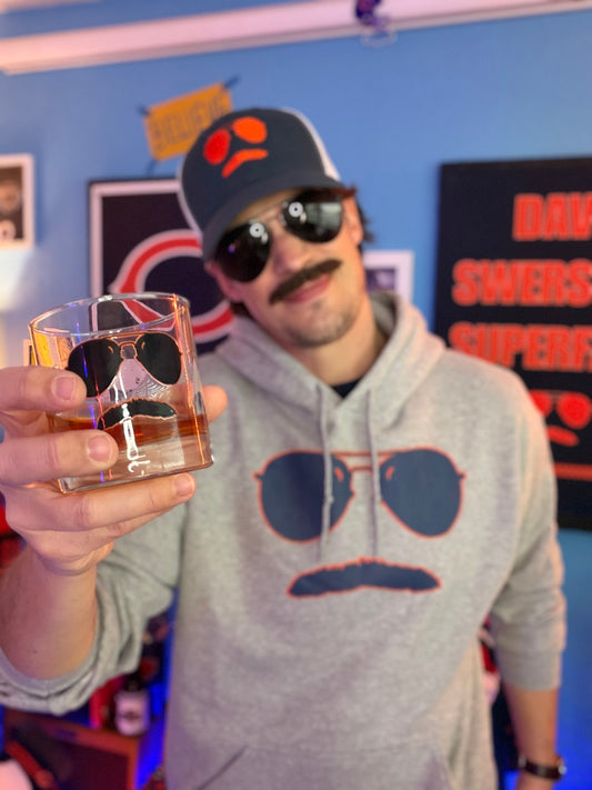 Swerski Stache and Shades Rocks glass - Navy with Orange Outline Logo