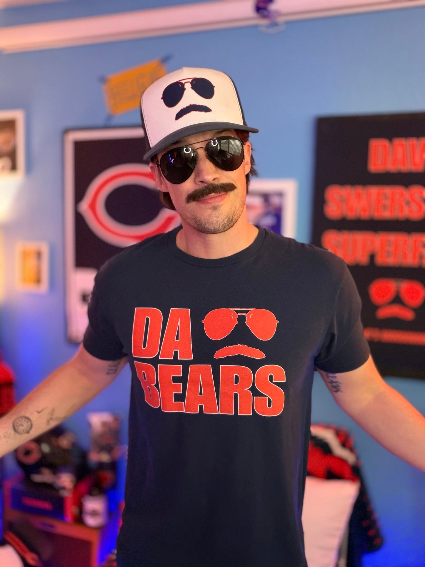 Swerski Stache and Shades Logo Trucker Cap - White/Blue with Navy & Orange Logo