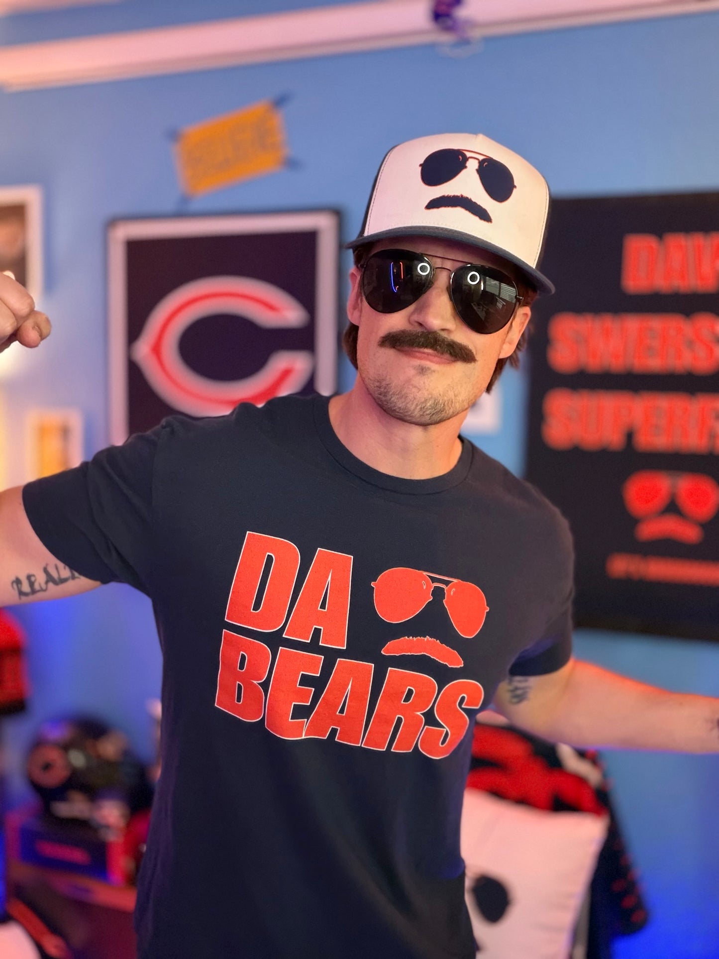 DA BEARS Swerski Stache and Shades Logo Short-Sleeve Unisex T-Shirt - with Orange & White Logo