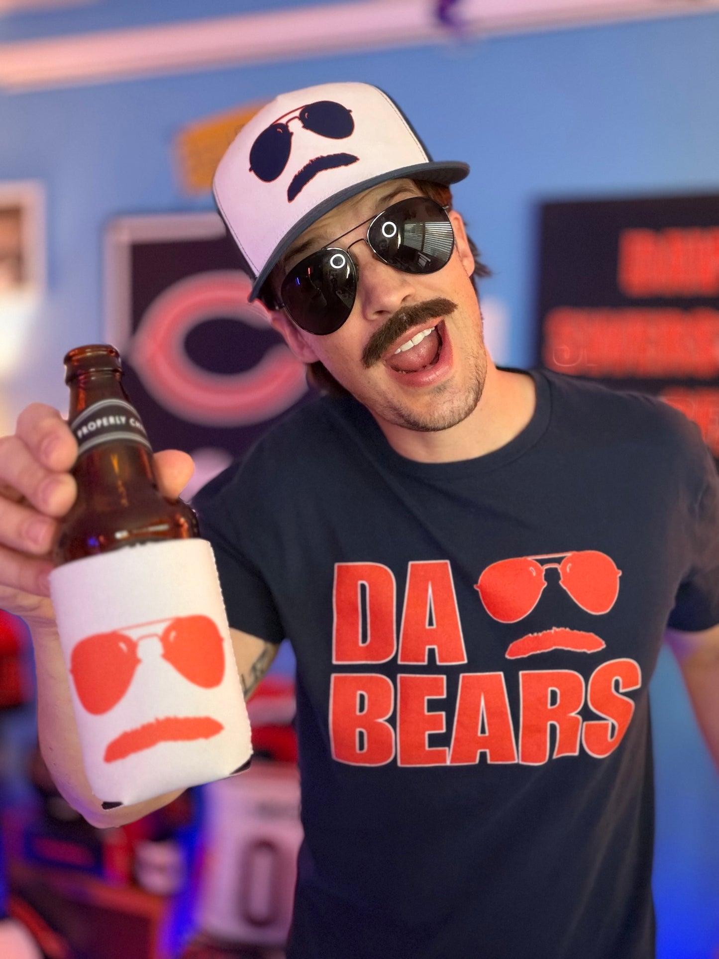 DA BEARS Swerski Stache and Shades Logo Short-Sleeve Unisex T-Shirt - with Orange & White Logo