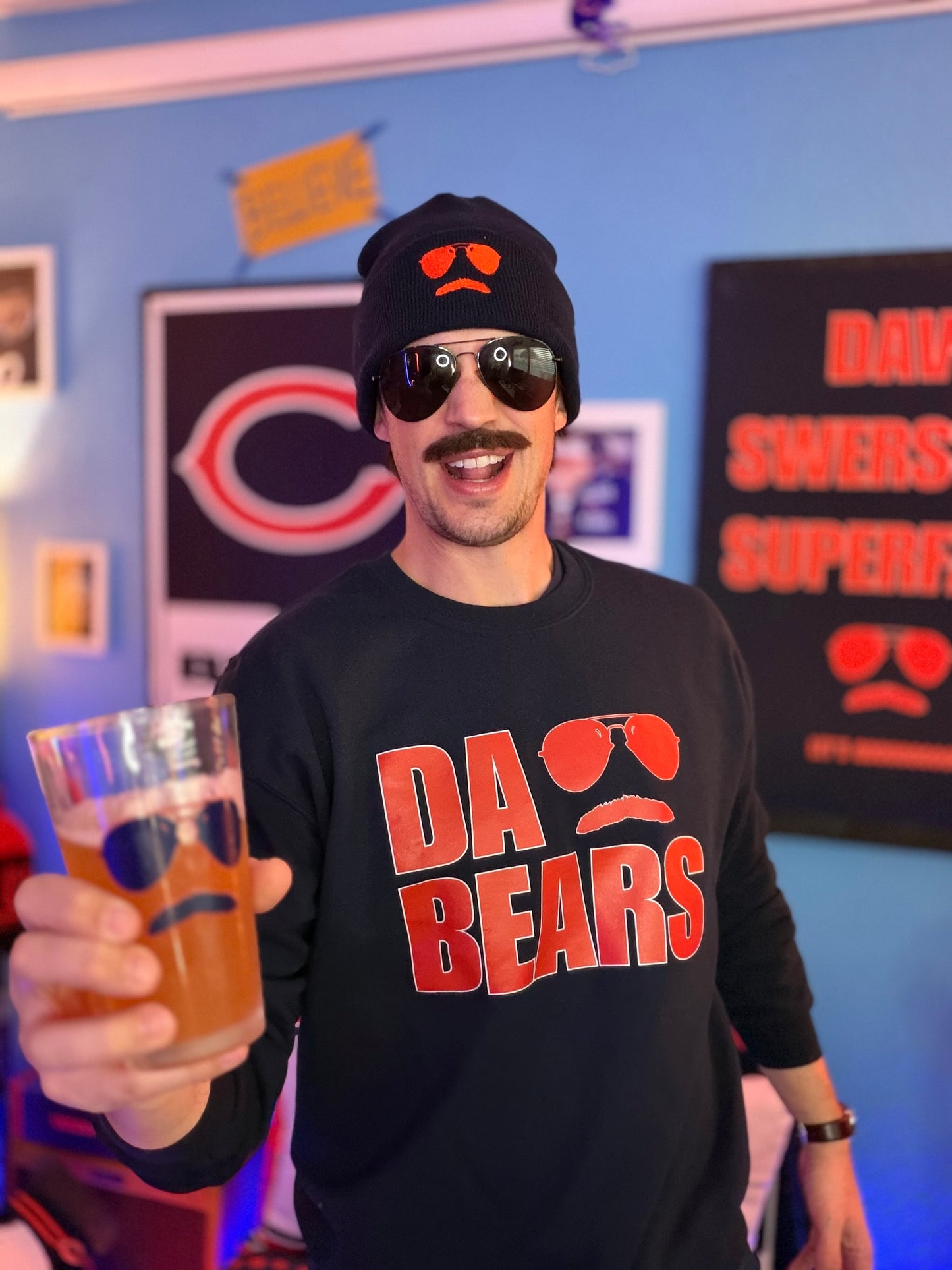 DA BEARS Swerski Stache and Shades Logo Unisex Sweatshirt - Navy with Orange & White Logo