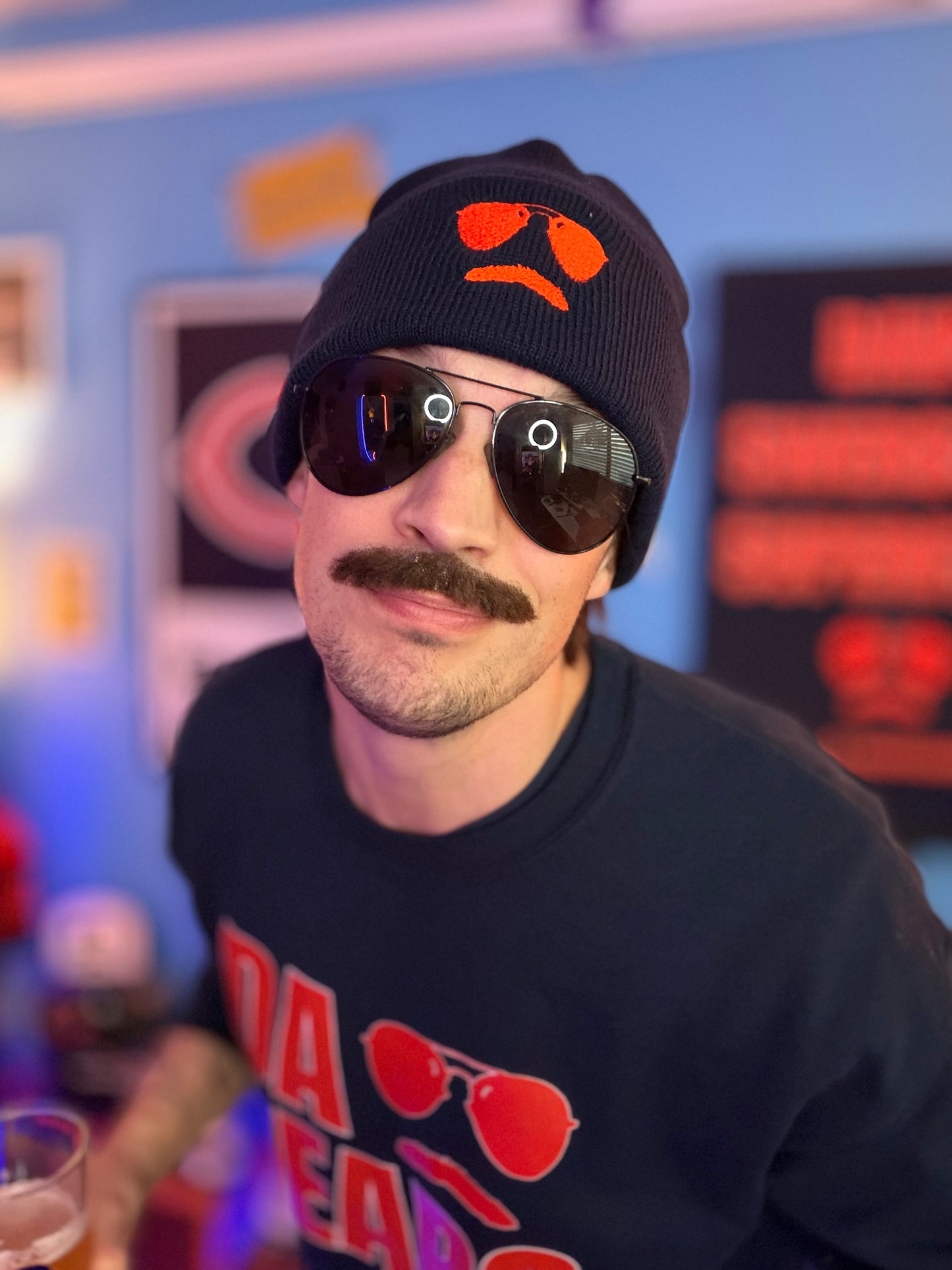 Swerski Stache and Shades Logo Cuffed Beanie - Navy with Orange Logo