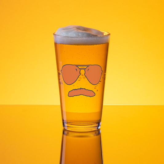 Swerski Stache and Shades Logo Shaker pint glass - Orange with Navy Outline Logo