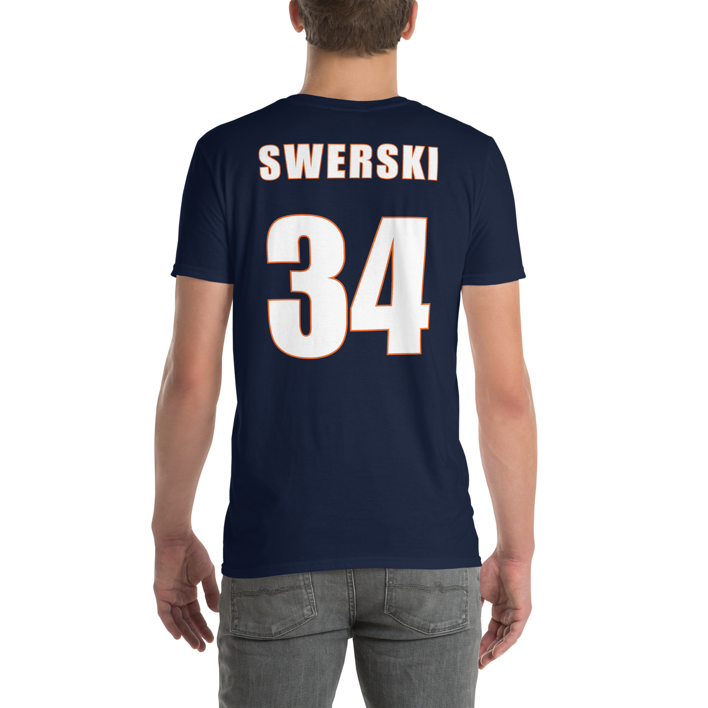 Swerski 34 Short-Sleeve Unisex T-Shirt - Navy with White/Orange