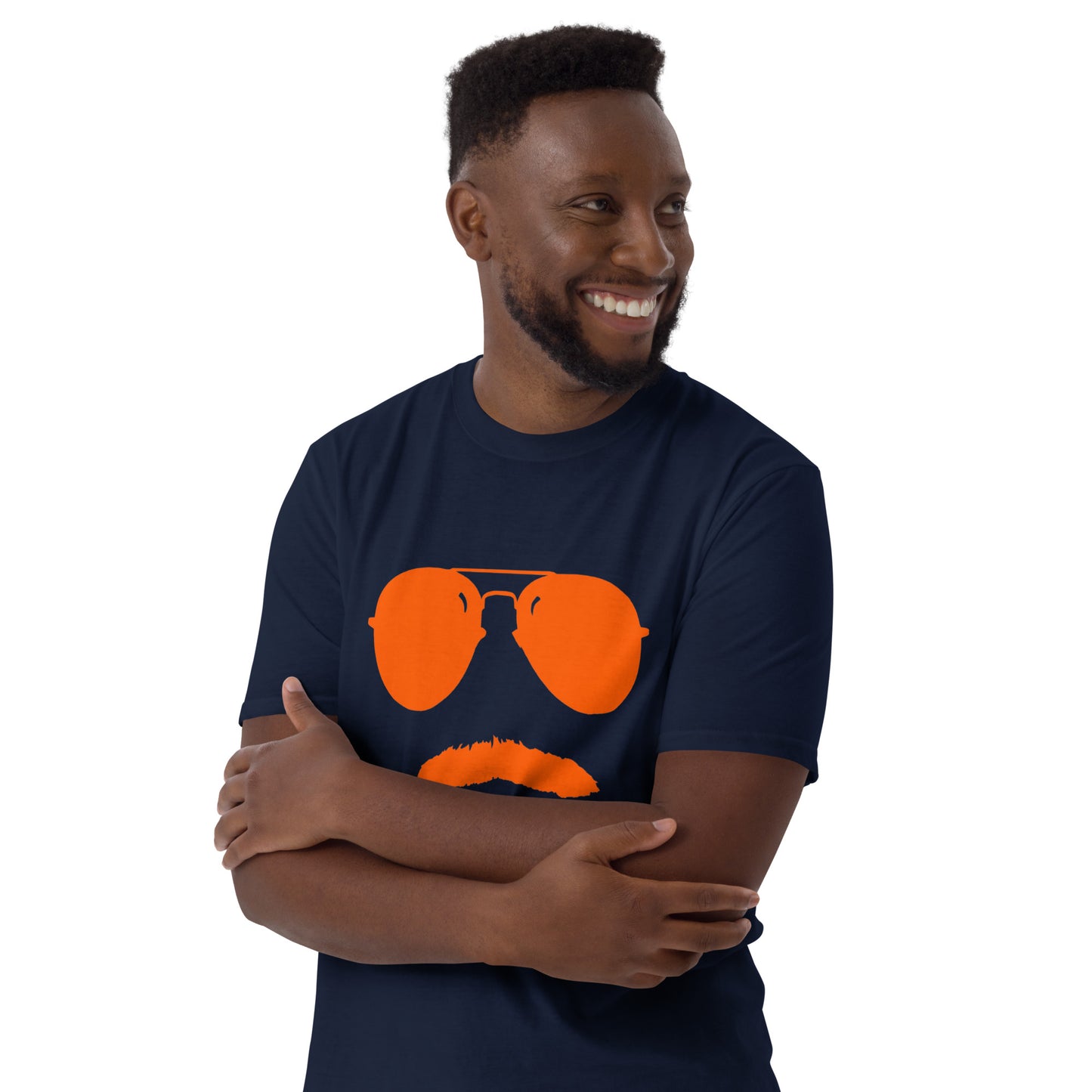 Swerski Stache and Shades Logo Short-Sleeve Unisex T-Shirt - Navy with Orange Logo