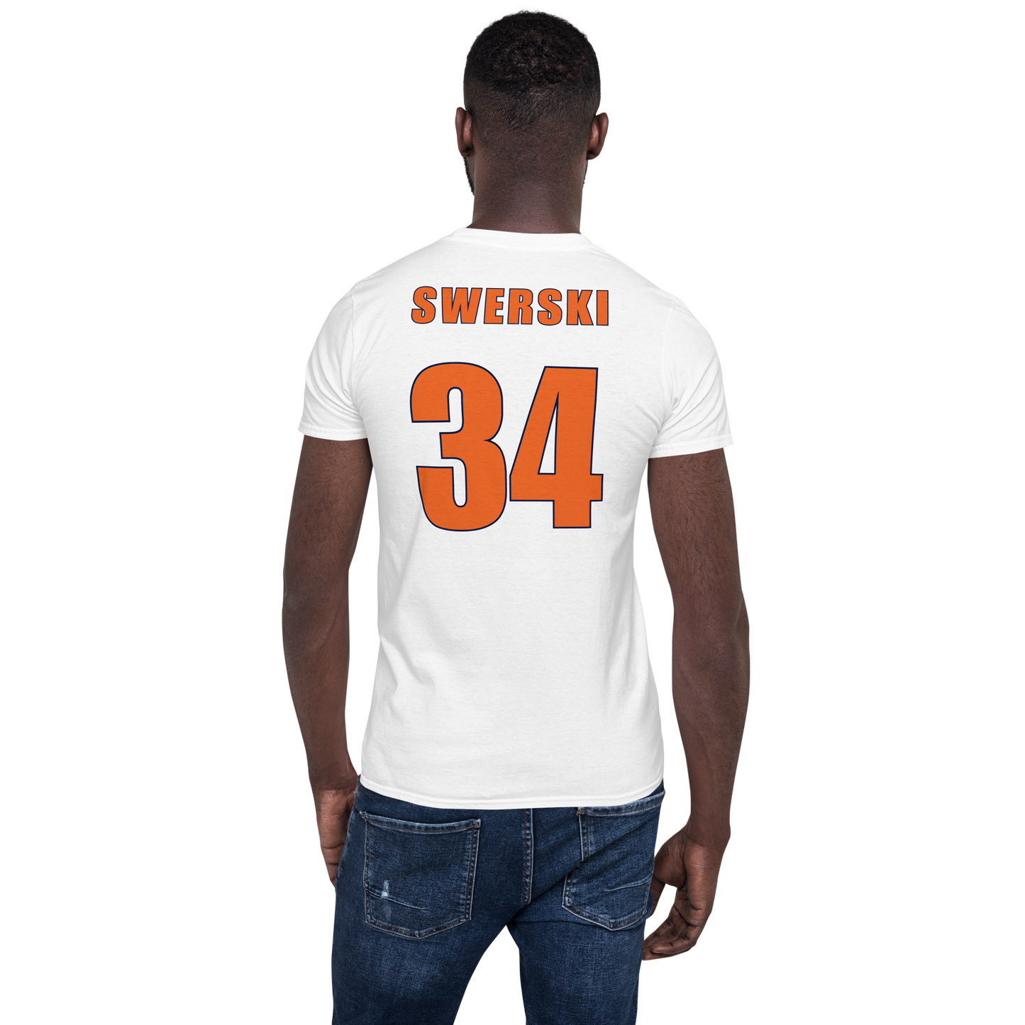 Swerski 34 Short-Sleeve Unisex T-Shirt - White with Orange/Navy
