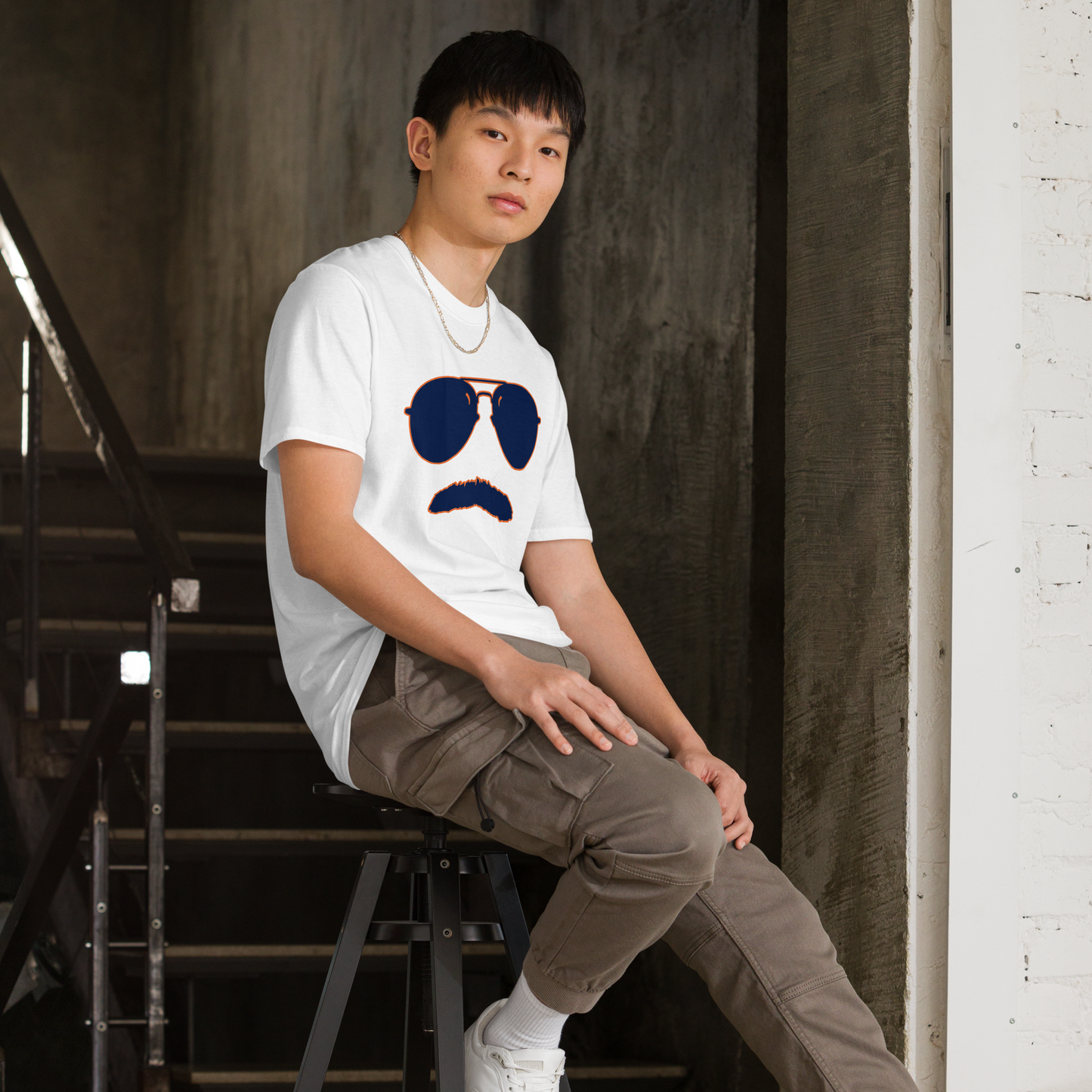 Swerski Stache and Shades Logo T-Shirt - New White with Navy/Orange Logo