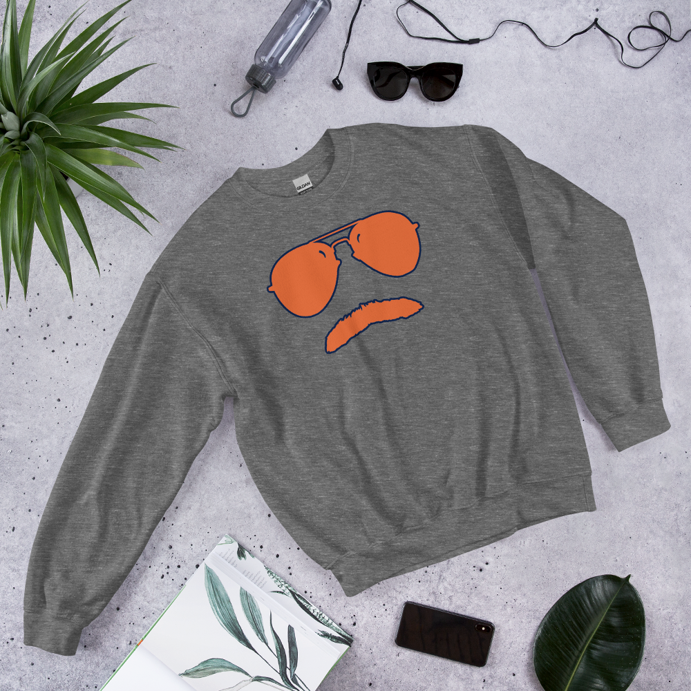 Swerski Stache and Shades Logo Unisex Sweatshirt - New Charcoal with Orange/Navy Logo