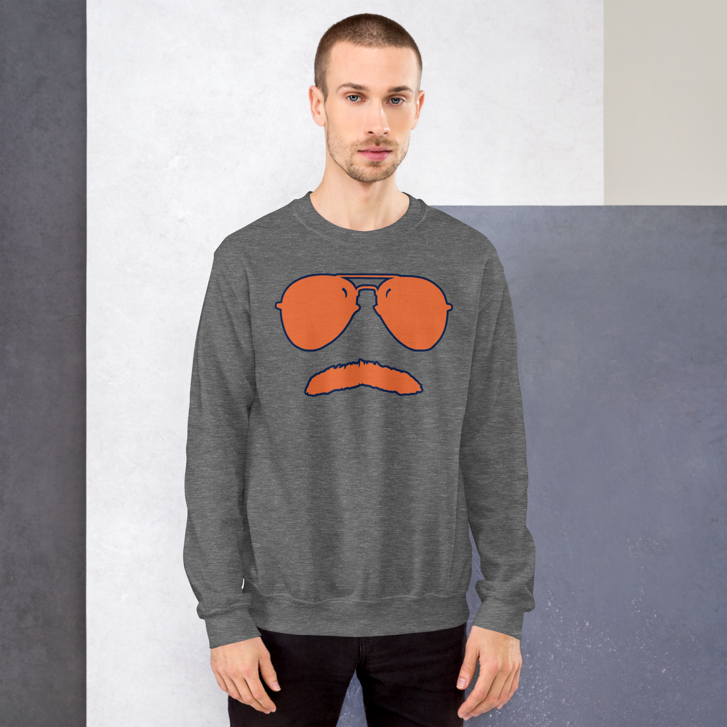 Swerski Stache and Shades Logo Unisex Sweatshirt - New Charcoal with Orange/Navy Logo