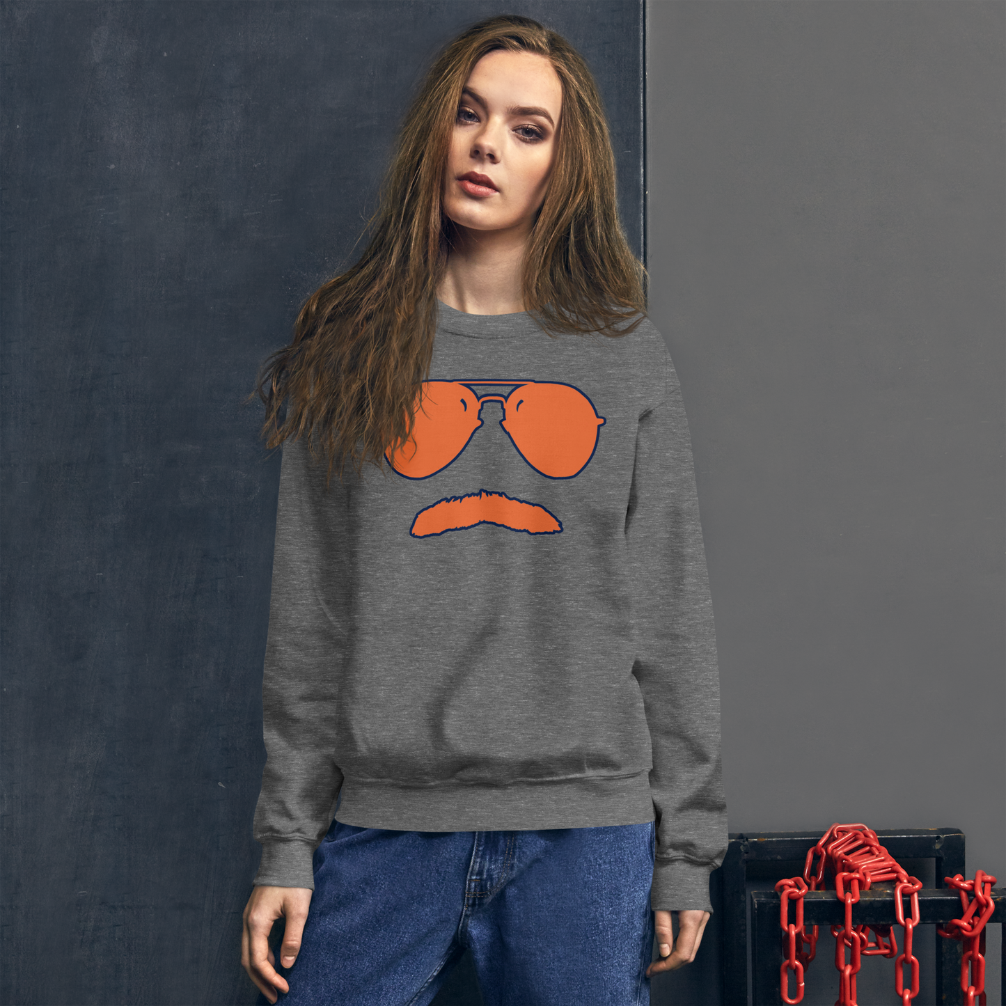 Swerski Stache and Shades Logo Unisex Sweatshirt - New Charcoal with Orange/Navy Logo