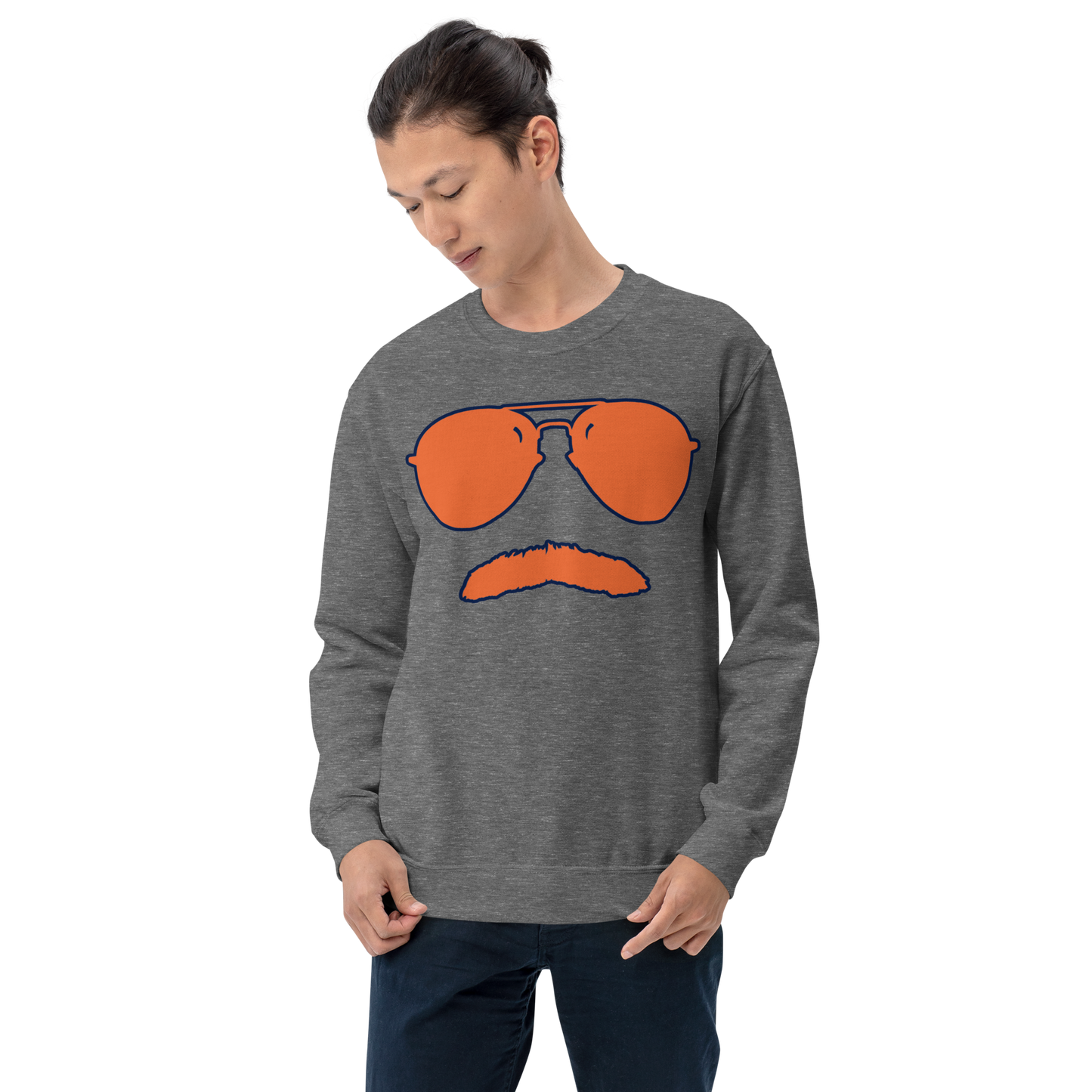 Swerski Stache and Shades Logo Unisex Sweatshirt - New Charcoal with Orange/Navy Logo