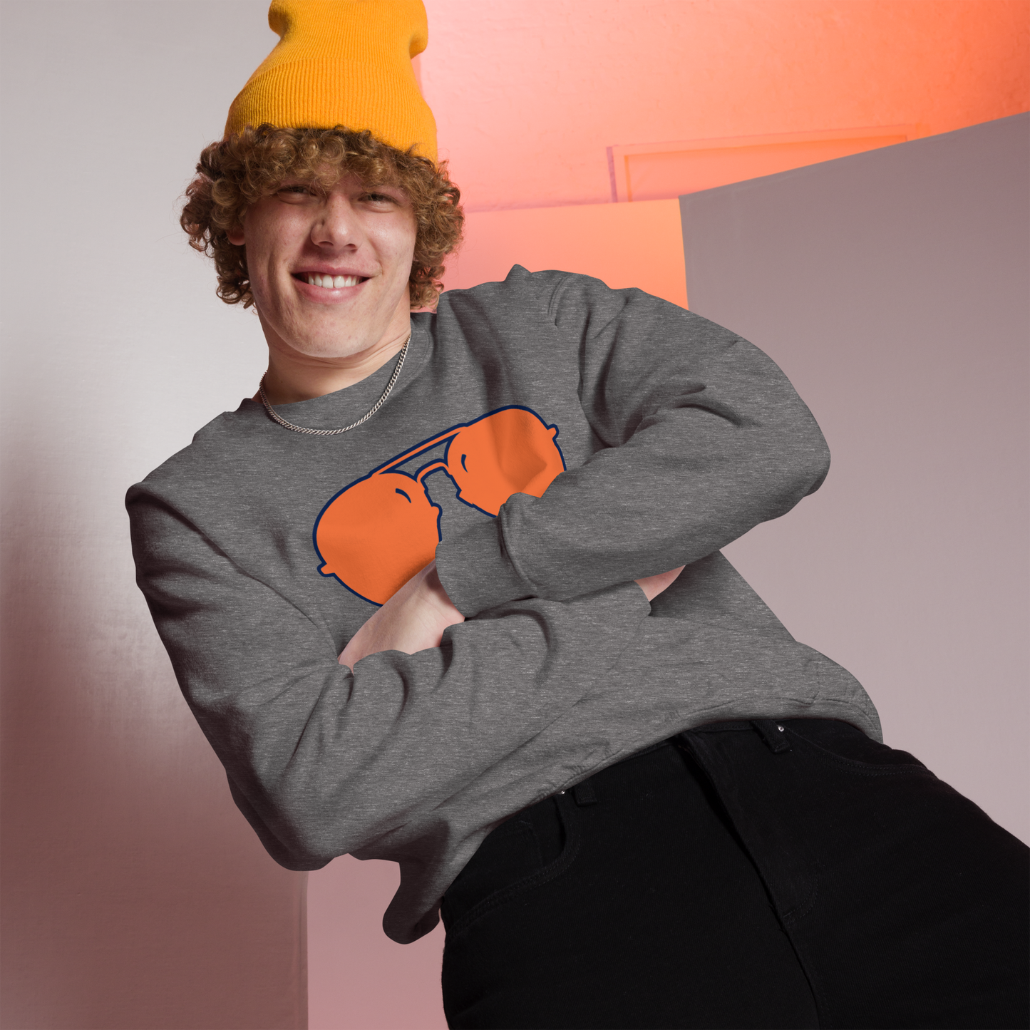 Swerski Stache and Shades Logo Unisex Sweatshirt - New Charcoal with Orange/Navy Logo