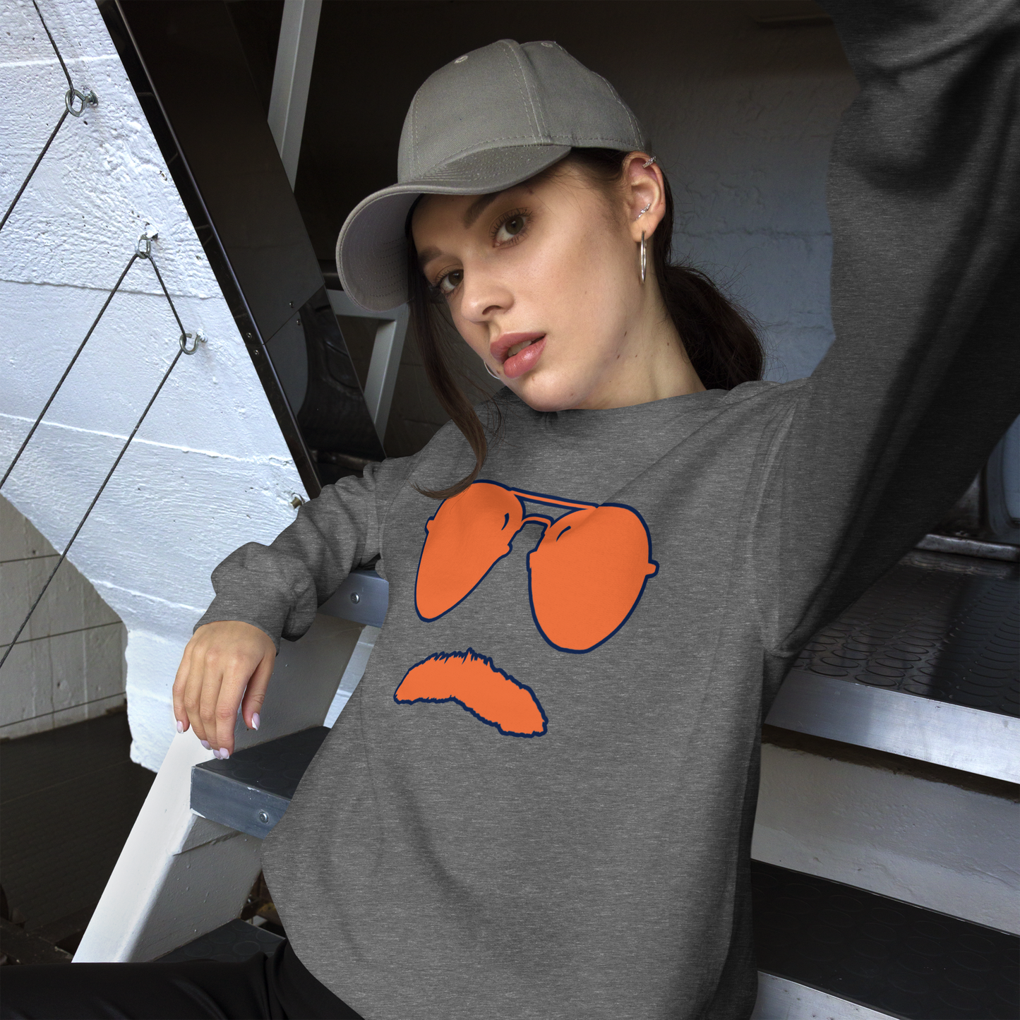 Swerski Stache and Shades Logo Unisex Sweatshirt - New Charcoal with Orange/Navy Logo