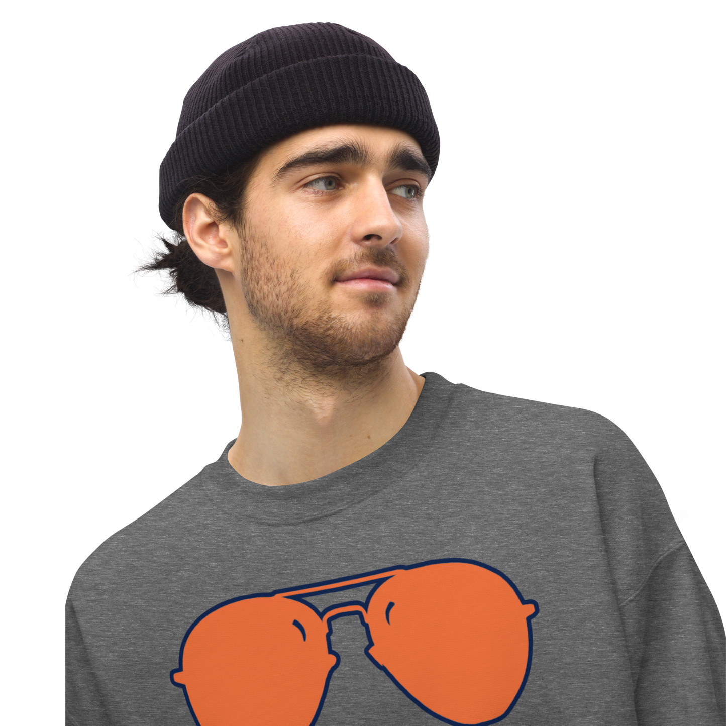 Swerski Stache and Shades Logo Unisex Sweatshirt - New Charcoal with Orange/Navy Logo