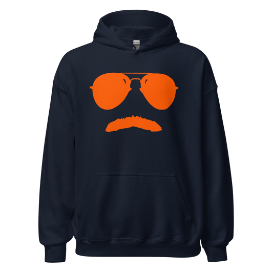 Swerski Stache and Shades Logo Unisex Hoodie - Navy with Orange Logo